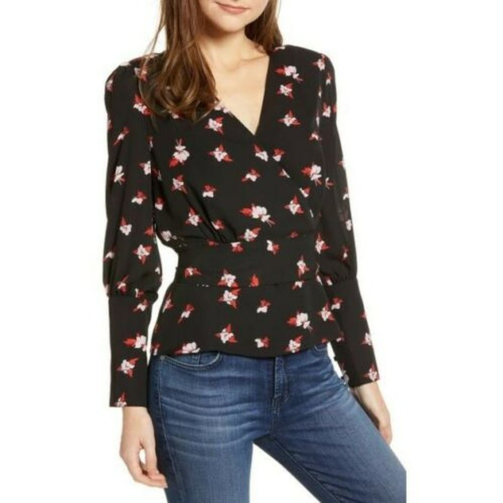 Chelsea28 Tie Waist Blouse Floral Print, Black, Size XS